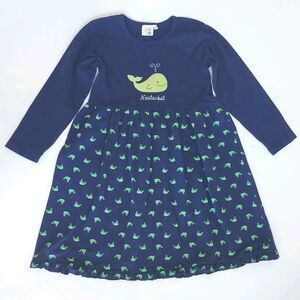 Girls Luigi Kids Navy/Green LS Stretch Dress W/Applique Whale & Ruffle Size 8
